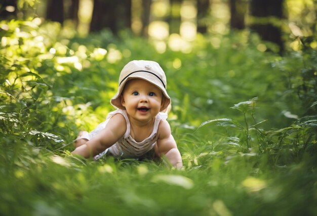 Foto la primera aventura de un bebé en el bosque