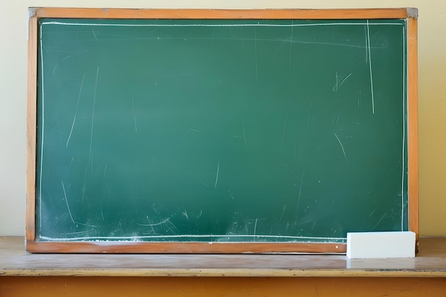 Primera clase una pizarra verde vacía con un borrador y tiza blanca lista para el día de los maestros