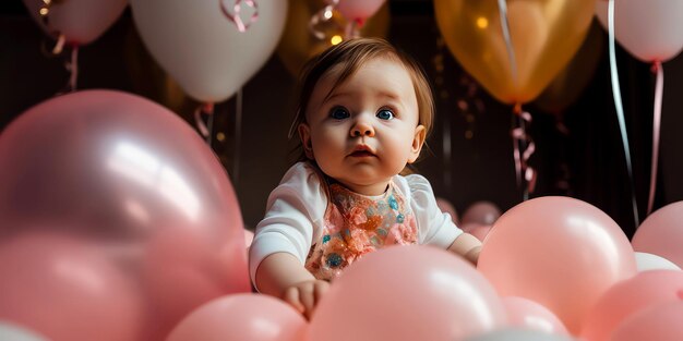 Foto primera fiesta de cumpleaños de los niños aniversario pequeña niña linda sentada en la fiesta de globos