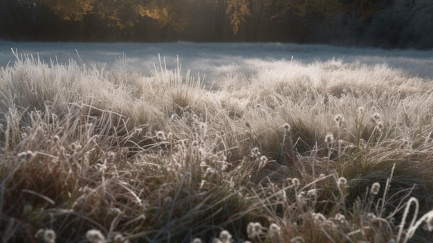 La primera helada del invierno cubriendo un prado