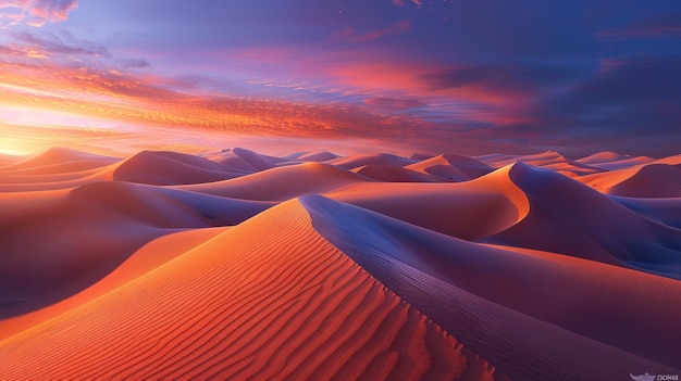 La primera luz del amanecer enciende los desiertos del Sáhara, las onduladas dunas de arena.