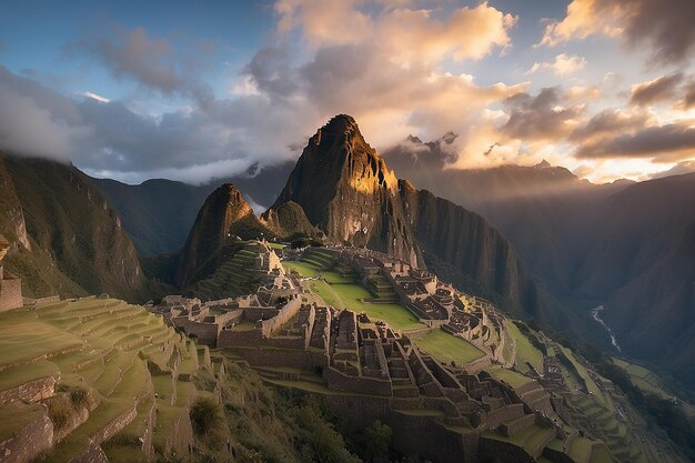 La primera luz del sol en Machu Picchu desde las nubes que se abren