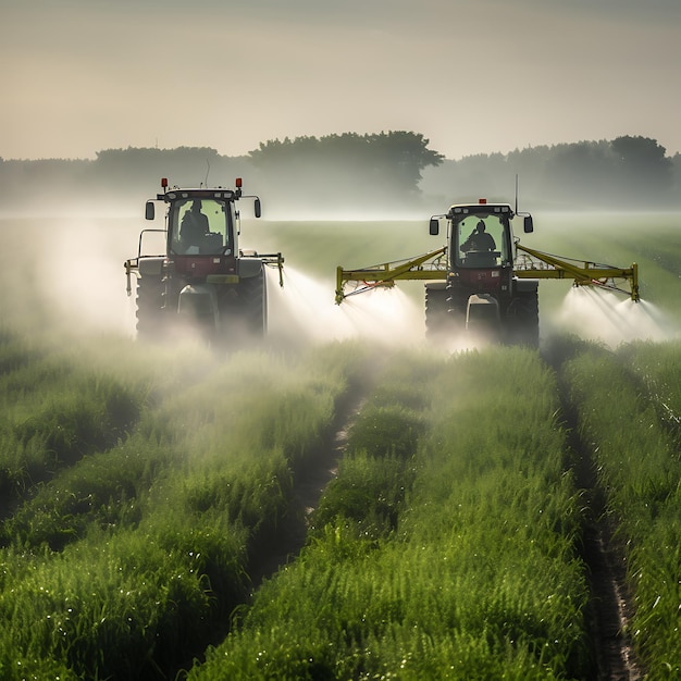 En las primeras horas de la mañana un tractor verde rocia herbicidas a través de un campo de maíz