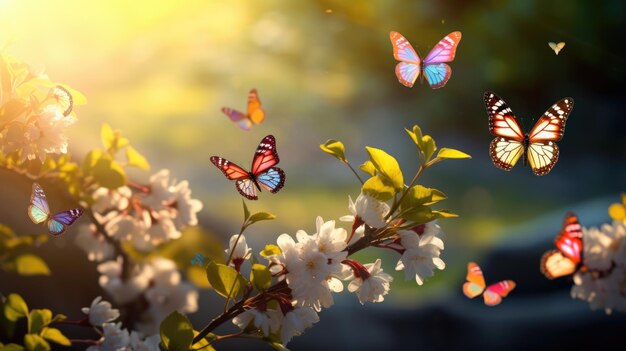 Las primeras mariposas revoloteando sobre un claro con flores de primavera