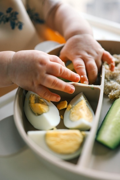 Primero soplar comida para bebés Pequeño bebé comiendo verduras orgánicas con el método BLW Infante comiendo alimentos saludables autosuficiente