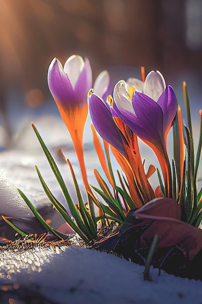 Los primeros azafranes de flores de primavera en un bosque con fondo de nieve también tienen espacio para copiar texto