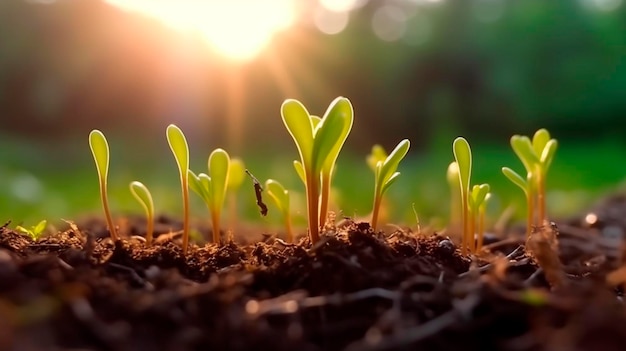 Los primeros pequeños brotes verdes jóvenes de plantas en el rocío crecen desde el suelo al amanecer a la luz del sol en una mañana de primavera IA generativa