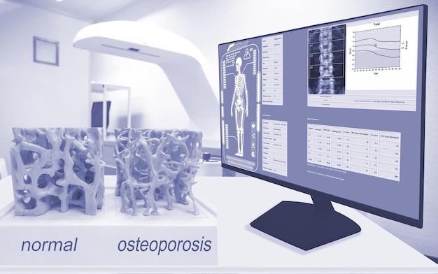 Los primeros planos de la estructura esponjosa del hueso son normales y con osteoporosis y se muestran en el monitor y en el fondo borroso de la densidad de la habitación