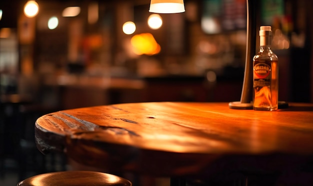 Primeros planos de una mesa de bar de madera con luces encendidas