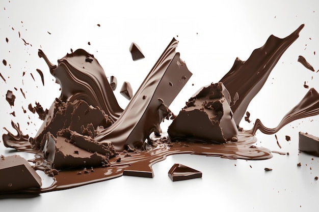 Primeros planos de trozos de chocolate oscuro cayendo sobre un fondo blanco.