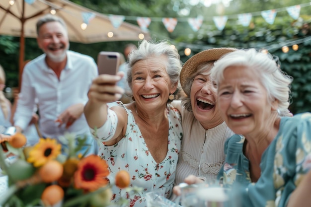 Foto los primos capturan un momento alegre con una selfie durante una fiesta familiar en el jardín que aumenta la vivacidad