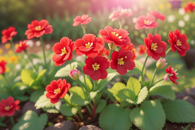 Primrose Primula con flores rojas