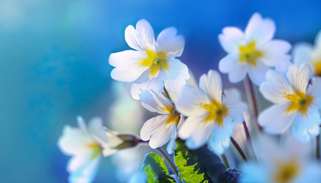 Prímulas blancas de primavera sobre un fondo azul enfoque suave