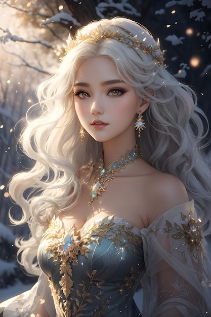 Princesa coreana adornada con oro y la elegante belleza del invierno