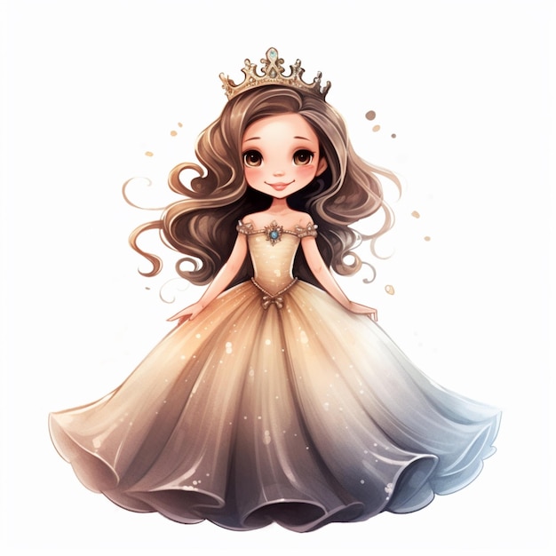 Princesa de desenho animado com cabelo comprido usando uma tiable e um vestido generativo ai