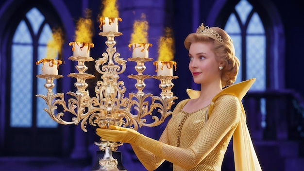 Princesa de roupas douradas carrega um candelabro com velas queimadas