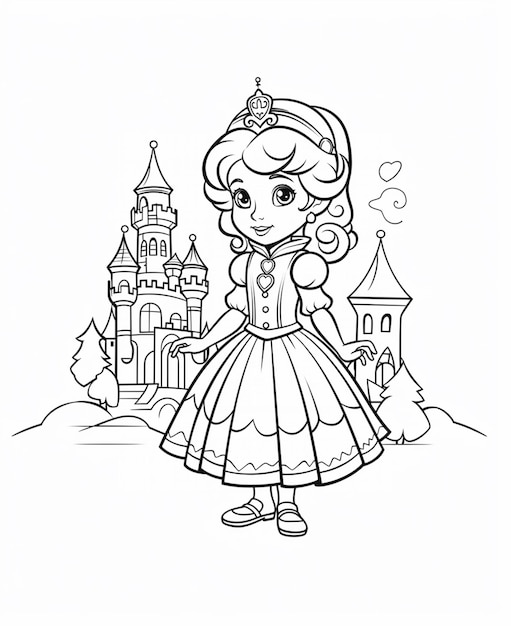 Foto una princesa de dibujos animados con un vestido parada frente a un castillo ai generativo