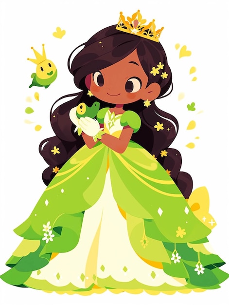 Una princesa de dibujos animados con un vestido verde y una corona generativa ai