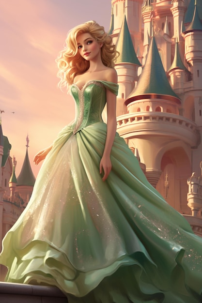 Princesa em um vestido verde fora de um castelo