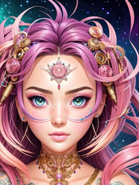 Princesa espacial desenhada à mão com cabelo rosa