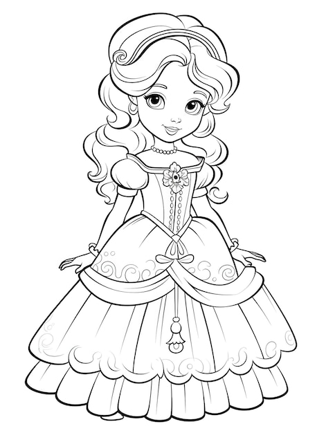 Princesa fofa em um lindo vestido ilustra ilustração linha de arte da princesa Barbie livro de colorir