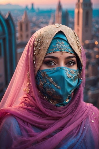 Foto princesa hijab de neon e fênix dourado um retrato surrealista de mídia mista