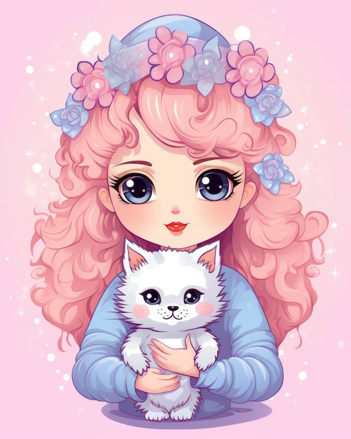 La princesa Kawaii y su lindo gatito totalmente adorable pastel