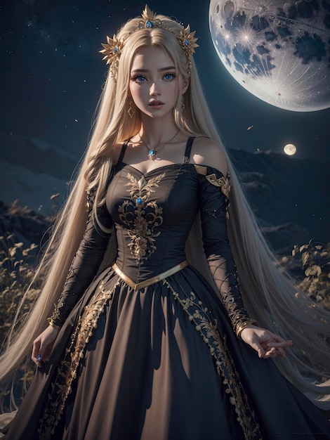 princesa luna estilo pixar y cabello largo y liso, hermosos ojos con un vestido