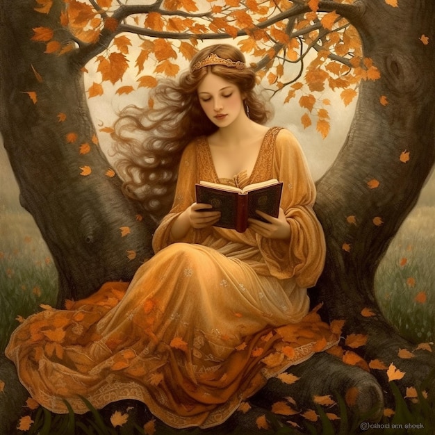 una princesa medieval debajo de un árbol con pequeñas hojas naranjas sosteniendo un libro en sus manos