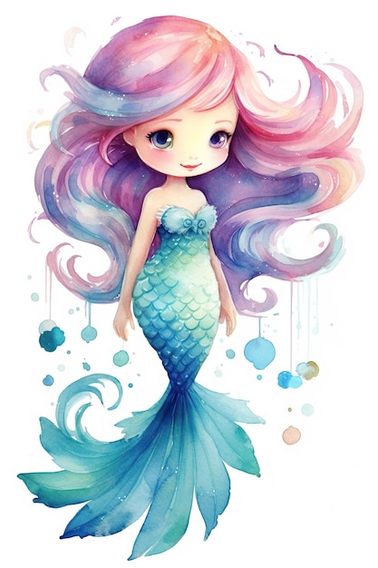 Princesa sereia clipart aquarela bonito isolado no fundo branco com Generative AI