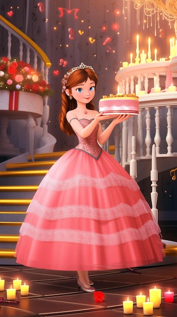 Una princesa y su pastel de cumpleaños.