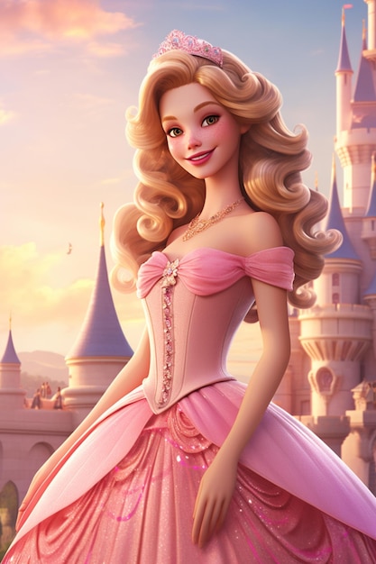 Princesa con un vestido rosa pastel fuera de un castillo