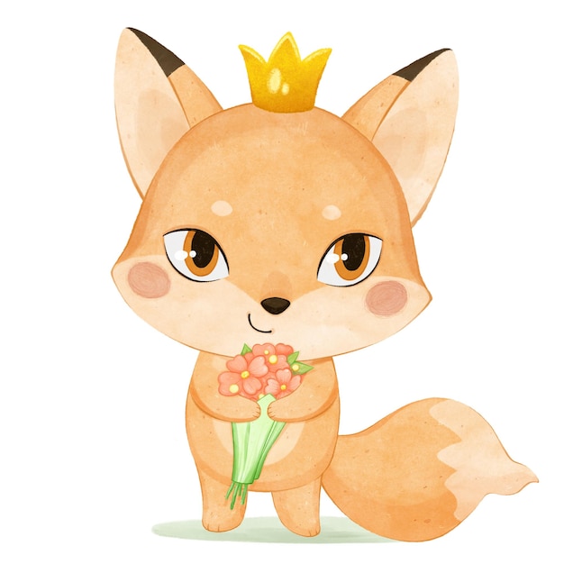 La princesa zorro, el pequeño zorro rojo en una corona con un ramo de flores rosadas, los animales del bosque, el clipart.