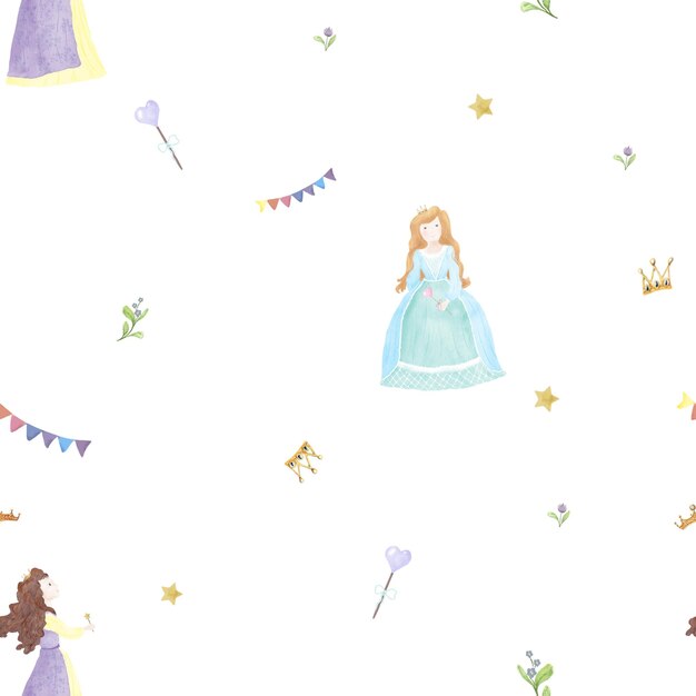 Princesas de cuentos de hadas en hermosos vestidos con un patrón sin costuras Corazones mágicos y coronas doradas Ilustración de acuarela digital Flores y banderas lindas alrededor de la niña Isolada sobre fondo blanco