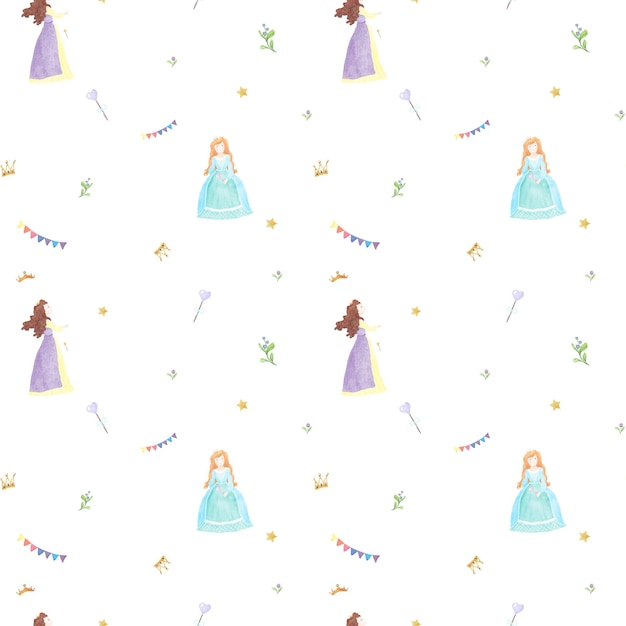 Princesas de cuentos de hadas en hermosos vestidos con un patrón sin costuras corazones mágicos y coronas doradas
