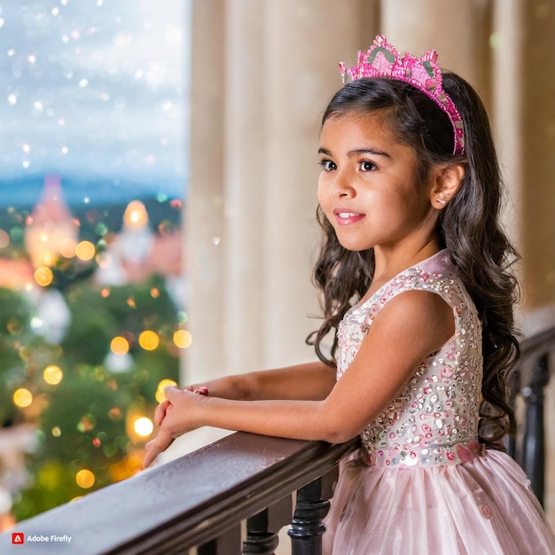 Foto una princesita parada en el balcón.