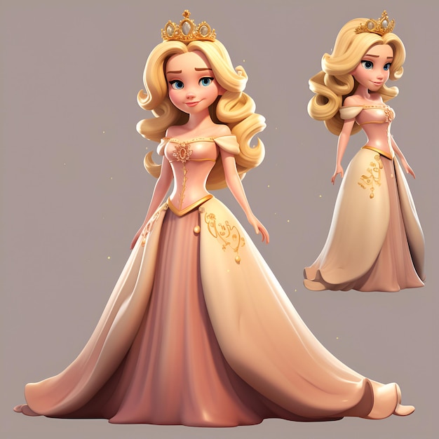 princesita con un vestido dorado ilustración de estilo de dibujos animados de personaje 3d