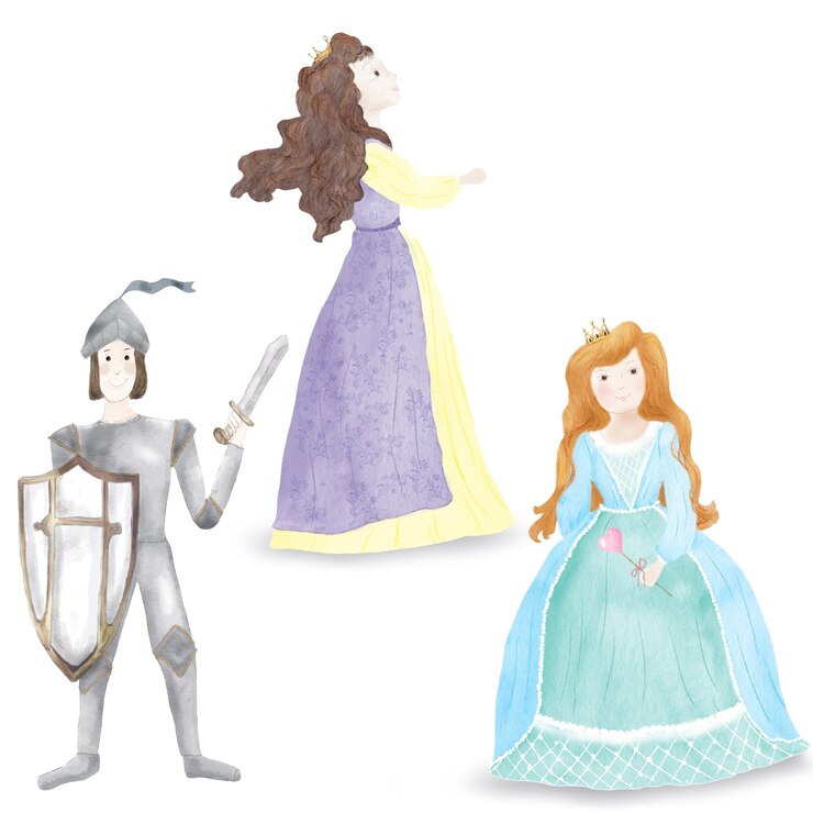 Foto príncipe de contos de fadas em armadura e princesa em um vestido bonito aquarela ilustração em digital um conjunto de