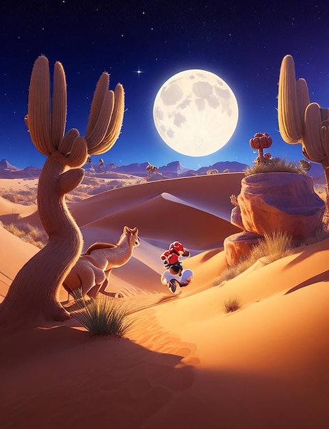 un príncipe y su león corriendo a través de un oasis en el desierto, las dunas de arena brillando a la luz de la luna ai