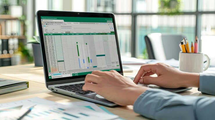Foto un principiante en excel aprendiendo nuevas fórmulas en una oficina moderna y brillante con grandes ventanas