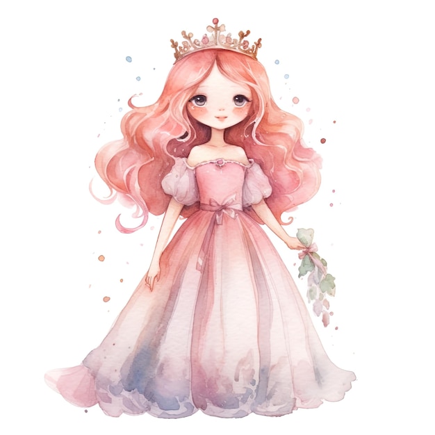 Prinzessin auf isoliertem weißem Hintergrund im Aquarellstil