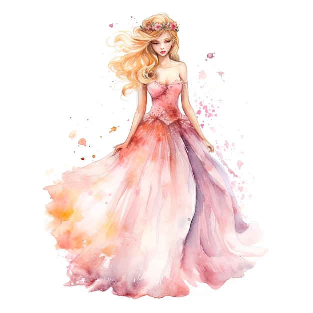 Prinzessin auf isoliertem weißem Hintergrund im Aquarellstil