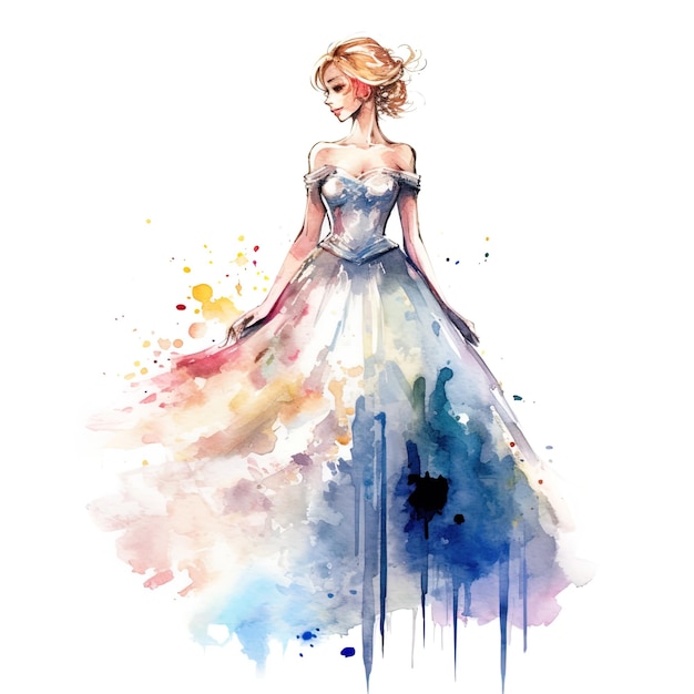 Prinzessin auf isoliertem weißem Hintergrund im Aquarellstil