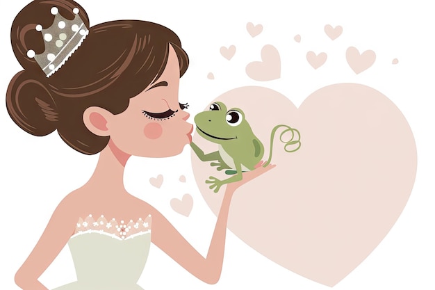 Foto prinzessin küsst den frosch auf ihrer hand mit einem herz im hintergrund die prinzessin trägt ein weißes kleid und eine tiara sie hat braunes haar cartoon-einfacher stil