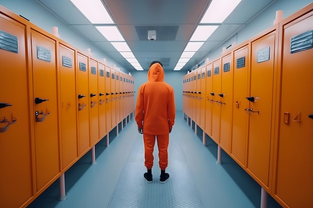 Prisioneiro em traje de prisão laranja no corredor rede neural gerada por ai