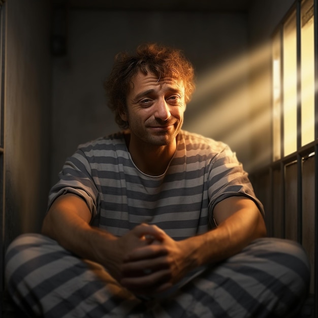 prisioneiro masculino senta-se na prisão em uma cela escura e úmida IA generativa