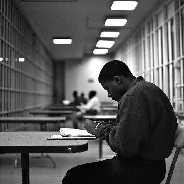 Un prisionero que participa en una clase educativa tomando notas y escuchando atentamente el inst