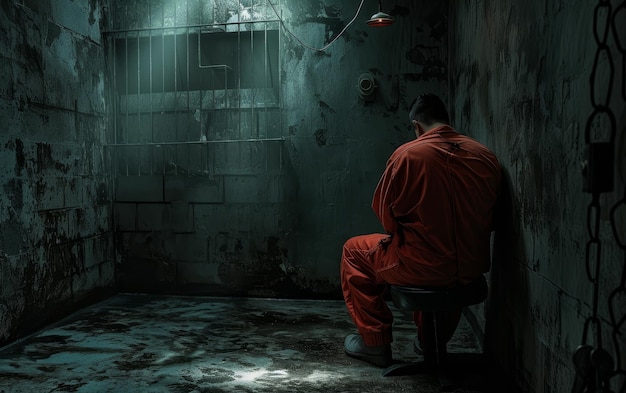 Un prisionero se sienta solo en una celda húmeda y oscura iluminada por una sola luz que evoca una sensación de aislamiento y desesperación.