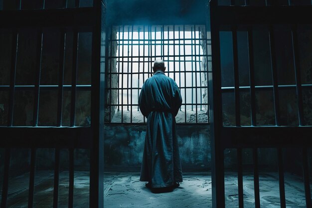 Foto un prisionero con túnica está detrás de las rejas de la cárcel.