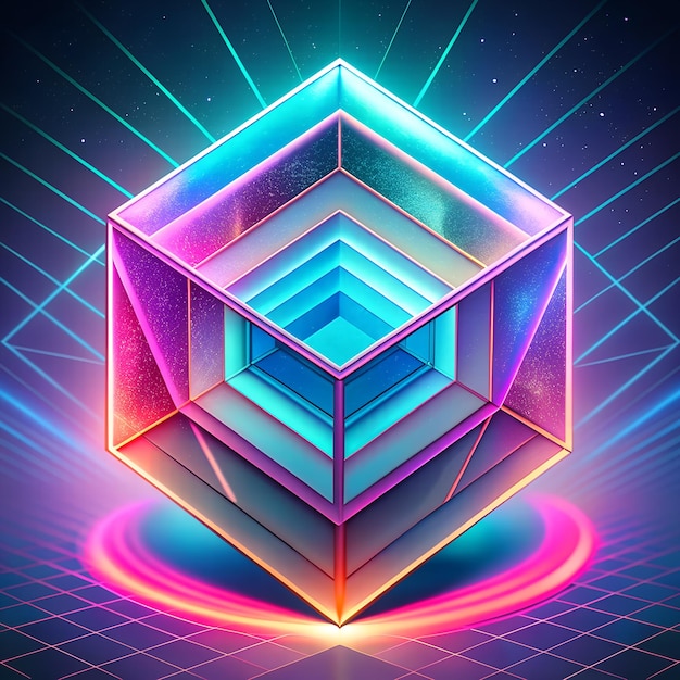 Prisma cúbico o rectangular cuboide en colores holográficos de neón que muestra el efecto de refracción de la luz